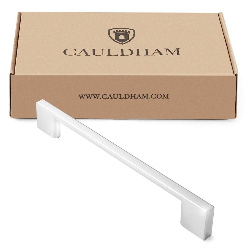 CAULDHAM 10 Pack Solid Kitchen Cabinet Pulls Handles (6-5/16" Hole Centers) - Modern Thin Profile Drawer/Door Hardware - Style M255 - Polished Chrome - Image 4
